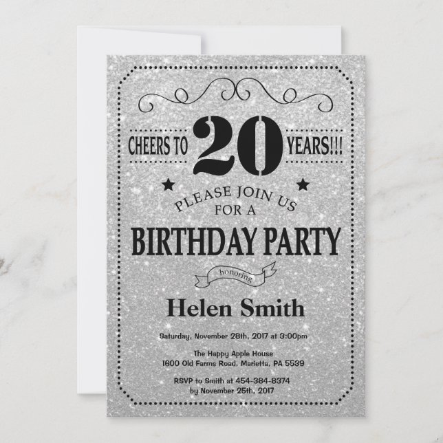 Invitation d'anniversaire 20 ans paillettes noires (Devant)