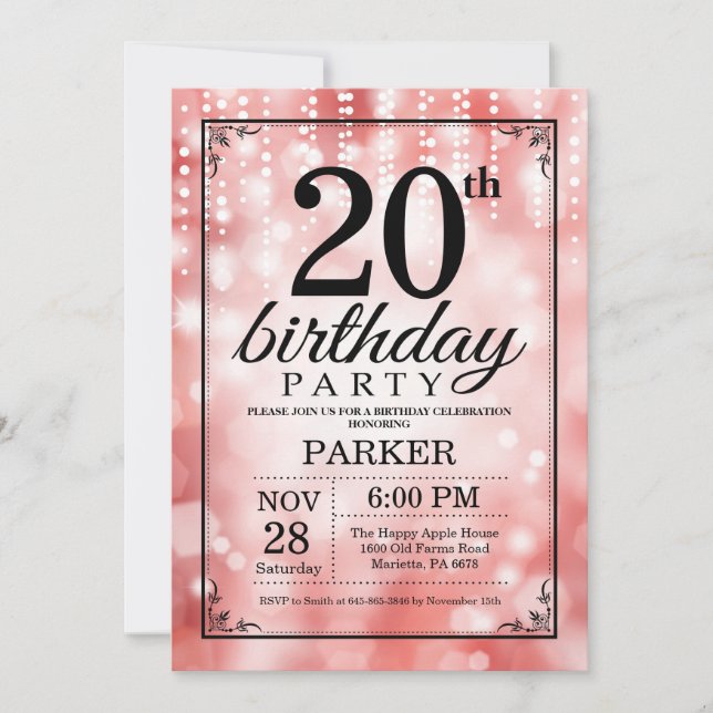 Invitation d'anniversaire 20 ans paillettes rouges (Devant)