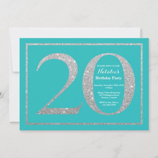 Invitation d'anniversaire 20 ans Paillettes Turquo (Devant)