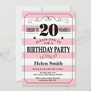 Invitation d'anniversaire 20 ans rayures roses et 