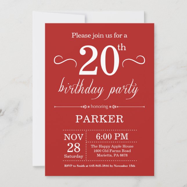 Invitation d'anniversaire 20 ans Rouge (Devant)