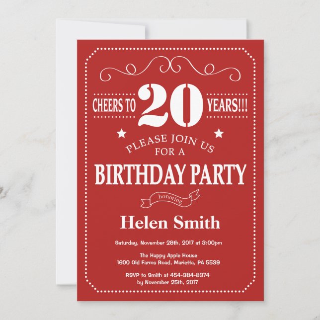 Invitation d'anniversaire 20 ans Rouge et Blanc (Devant)