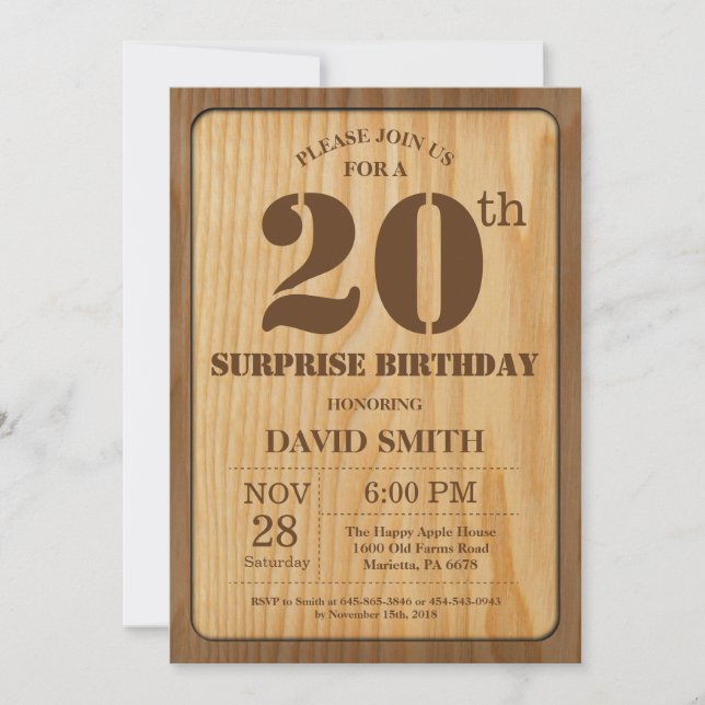 Invitation d'anniversaire 20 ans Rustic Surprise e (Devant)