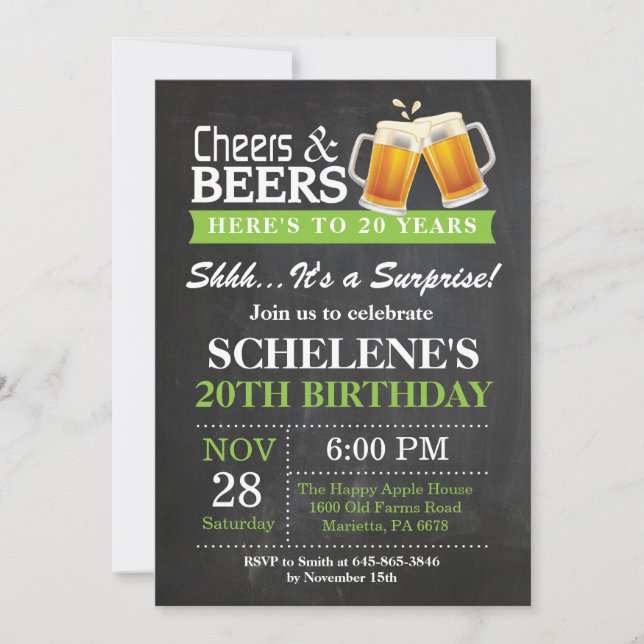 Invitation d'anniversaire 20 ans Surprise Cheers a (Devant)