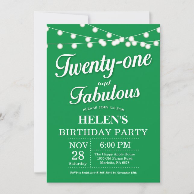 Invitation d'anniversaire 20 ans vert fabuleux (Devant)
