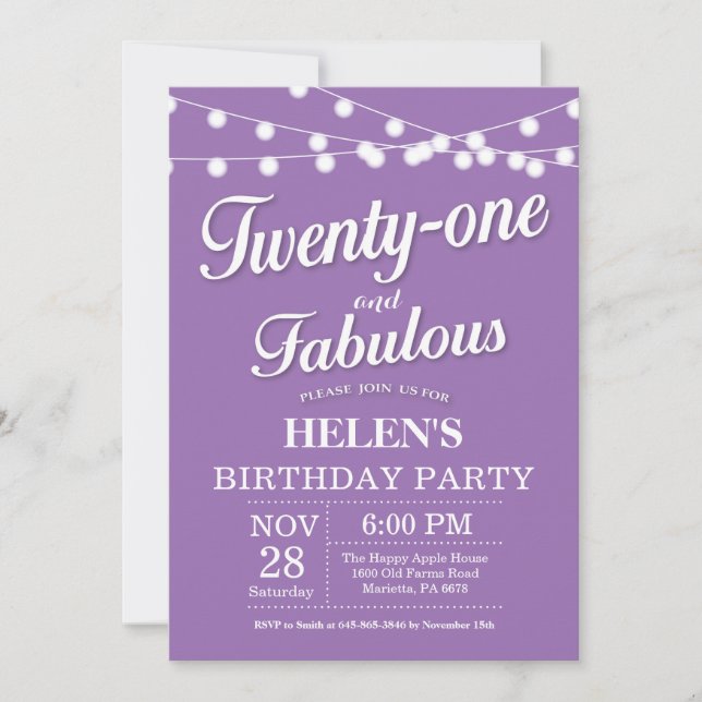 Invitation d'anniversaire 20 ans Violet Fabuleux (Devant)