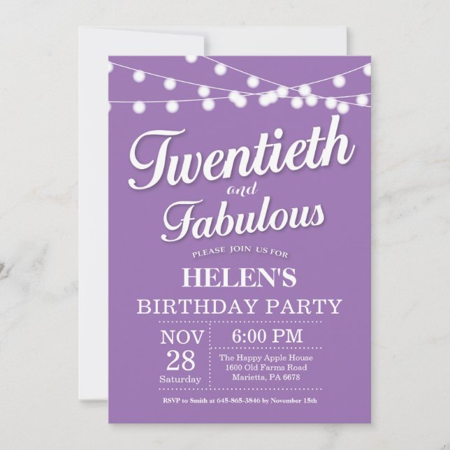Invitation d'anniversaire 20 ans Violet Fabuleux (Devant)