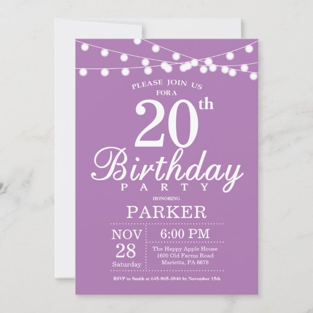 Invitation d'anniversaire 20 ans Violet Lavande Li (Devant)