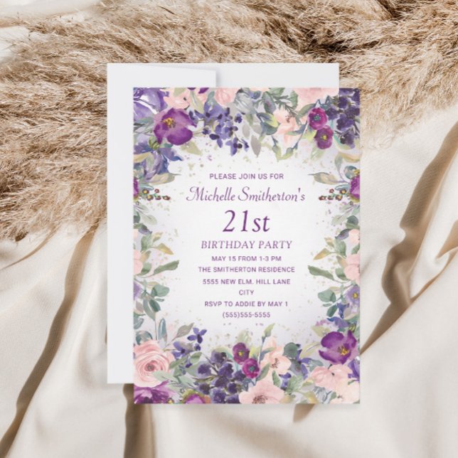 Invitation d'anniversaire 21 ans à fleurs rose et  (Créateur téléchargé)