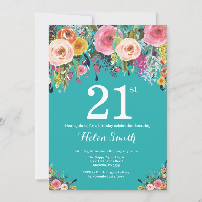 Invitation d'anniversaire 21 ans à fleurs sarcelle (Devant)