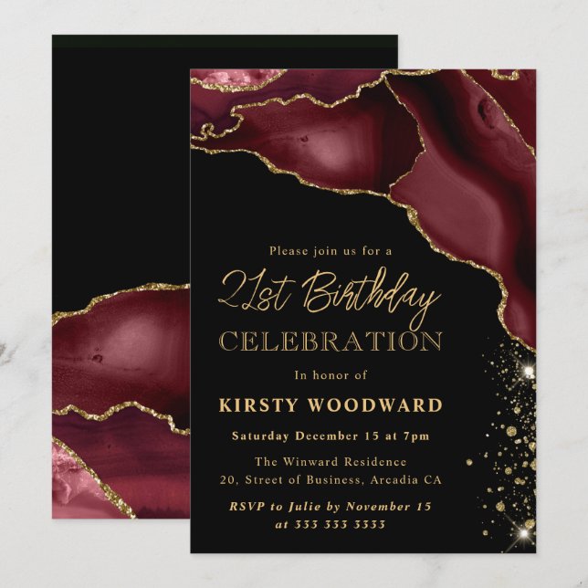 Invitation d'anniversaire 21 ans agate pailletée B (Devant / Derrière)