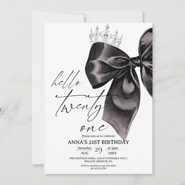 Invitation d'anniversaire 21 ans Black Bow Twenty  (Devant)