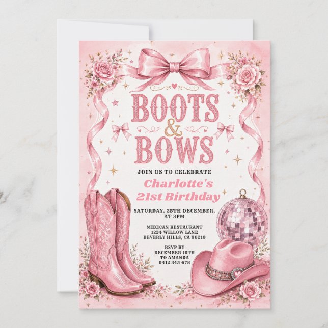 Invitation d'anniversaire 21 ans Boots & Bows (Devant)