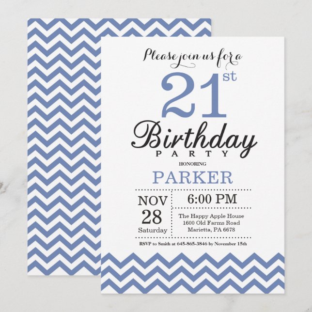Invitation d'anniversaire 21 ans Chevron bleu (Devant / Derrière)