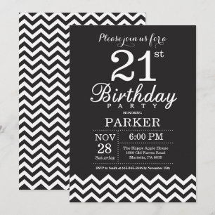 Invitation d'anniversaire 21 ans Chevron noir et b