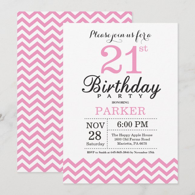 Invitation d'anniversaire 21 ans Chevron Rose (Devant / Derrière)
