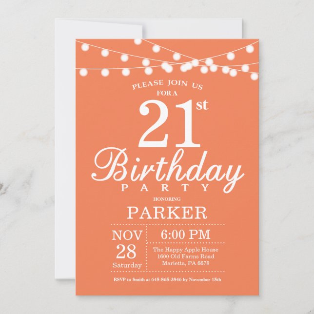 Invitation d'anniversaire 21 ans Corail (Devant)