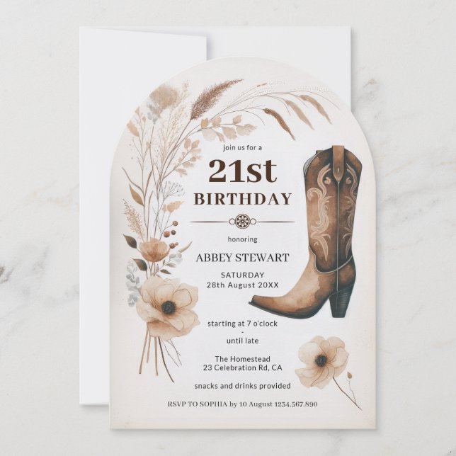Invitation d'anniversaire 21 ans Cowgirl Boho West (Devant)