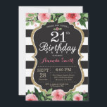 Invitation d'anniversaire 21 ans Femmes. Floral Or<br><div class="desc">Invitation d'anniversaire 21 ans pour femme fille adolescente dame. Invitation de fête d'anniversaire noir et or. Paillettes dorées. Fleur florale aquarelle rose. Rayures noires et blanches. Tableau noir. Numérique imprimable. Pour une personnalisation plus poussée, veuillez cliquer sur le bouton "Personnaliser" et utiliser notre outil de conception pour modifier ce modèle....</div>