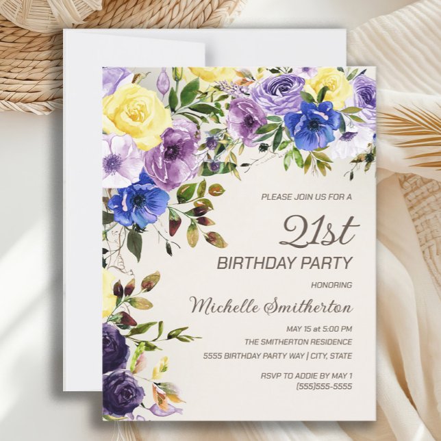 Invitation d'anniversaire 21 ans Fleurie Aquarelle (Purple and yellow watercolor floral 21st birthday party invitation)