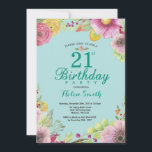 Invitation d'anniversaire 21 ans Floral pour Femme<br><div class="desc">Invitation d'anniversaire 21 ans Floral pour Femmes. Fond aquarelle floral sarcelle aqua turquoise. Pour une personnalisation plus poussée,  veuillez cliquer sur le bouton "Personnaliser" et utiliser notre outil de conception pour modifier ce modèle.</div>