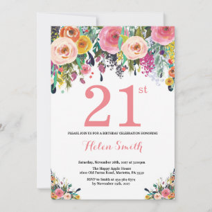 Invitation d'anniversaire 21 ans Floral Rose