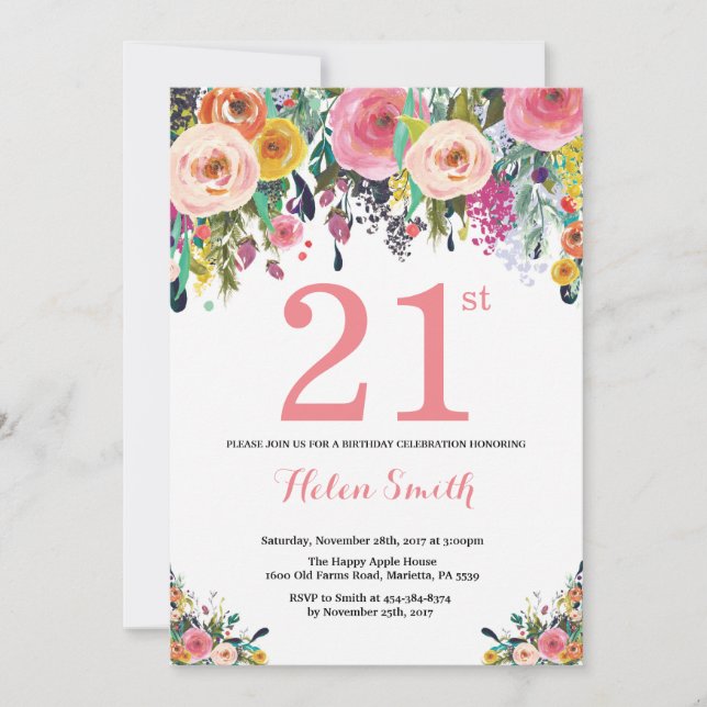Invitation d'anniversaire 21 ans Floral Rose (Devant)