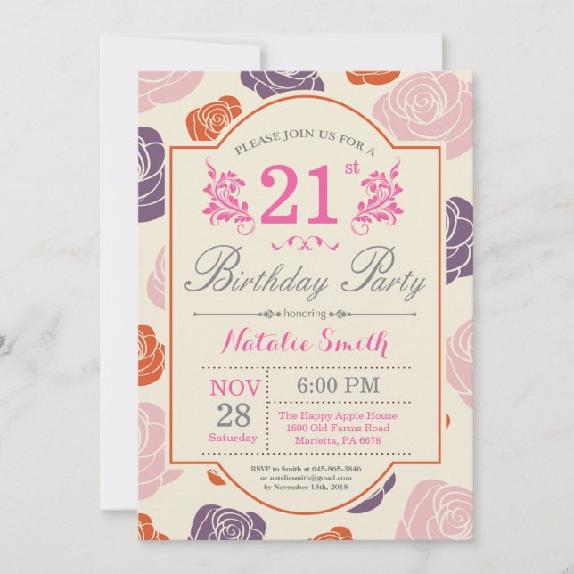 Invitation d'anniversaire 21 ans Floral Roses rose (Devant)