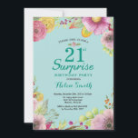 Invitation d'anniversaire 21 ans Floral Surprise T<br><div class="desc">Invitation d'anniversaire 21 ans Floral Surprise pour femmes. Fond turquoise aquarelle floral. Pour une personnalisation plus poussée,  veuillez cliquer sur le bouton "Personnaliser" et utiliser notre outil de conception pour modifier ce modèle.</div>