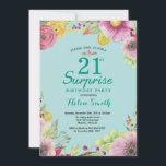 Invitation d'anniversaire 21 ans Floral Surprise T<br><div class="desc">Invitation d'anniversaire 21 ans Floral Surprise pour femmes. Fond turquoise aquarelle floral. Pour une personnalisation plus poussée,  veuillez cliquer sur le bouton "Personnaliser" et utiliser notre outil de conception pour modifier ce modèle.</div>