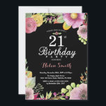 Invitation d'anniversaire 21 ans Florale pour Femm<br><div class="desc">Invitation d'anniversaire 21 ans Florale pour Femmes. Aquarelle florale,  fond tableau noir rose et noir. 13e 16e 18e 21e 30e 40e 50e 60e 70e 80e 90e 100e. Tout âge. Pour une personnalisation plus poussée,  veuillez cliquer sur le bouton "Personnaliser" et utiliser notre outil de conception pour modifier ce modèle.</div>
