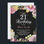 Invitation d'anniversaire 21 ans Florale pour Femm<br><div class="desc">Invitation d'anniversaire 21 ans Florale pour Femmes. Aquarelle florale,  fond tableau noir rose et noir. 13e 16e 18e 21e 30e 40e 50e 60e 70e 80e 90e 100e. Tout âge. Pour une personnalisation plus poussée,  veuillez cliquer sur le bouton "Personnaliser" et utiliser notre outil de conception pour modifier ce modèle.</div>