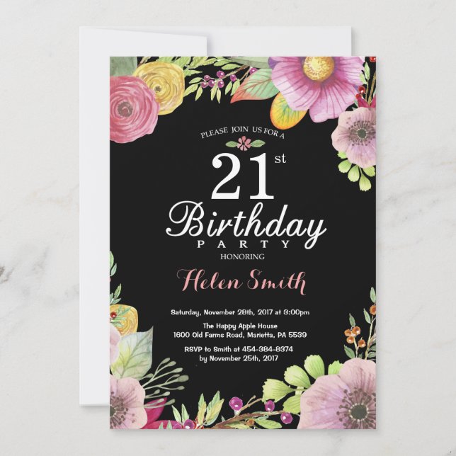 Invitation d'anniversaire 21 ans Florale pour Femm (Devant)