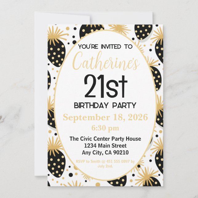 Invitation d'anniversaire 21 ans, fraise noire et  (Devant)