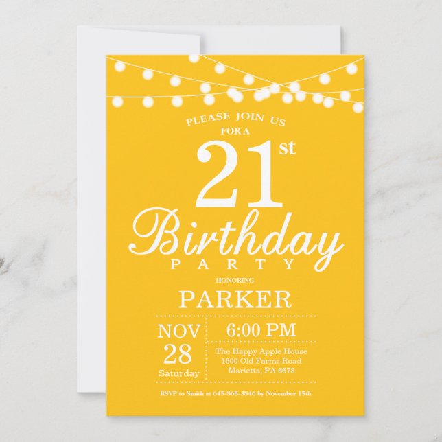 Invitation d'anniversaire 21 ans Jaune (Devant)