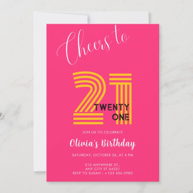 Invitation d'anniversaire 21 ans minimaliste rose  (Devant)