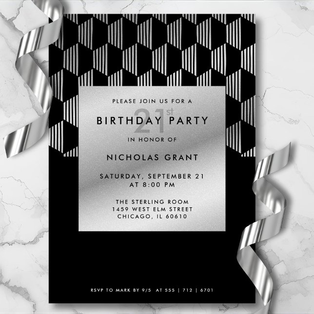 Invitation d'anniversaire 21 ans moderne noir faux (Gender-neutral design for him or her.)
