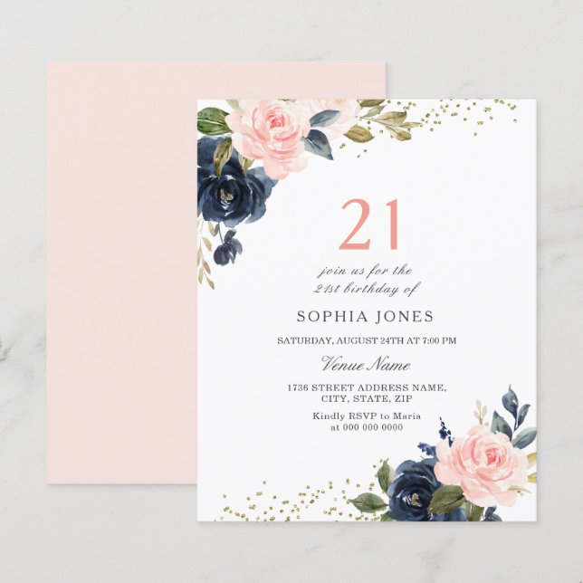 Invitation d'anniversaire 21 ans Navy & Blush Budg (Devant / Derrière)