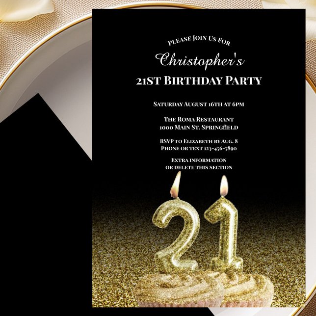 Invitation d'anniversaire 21 ans noir et or pour l (Créateur téléchargé)