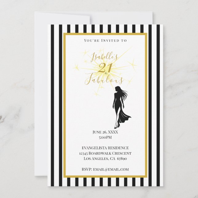 Invitation d'anniversaire 21 ans Noir & Or (Devant)