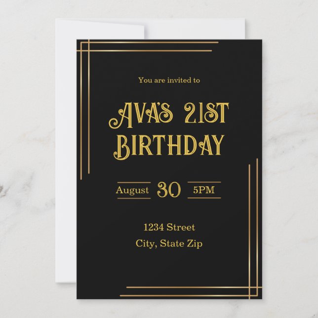 Invitation d'anniversaire 21 ans – Noir & Or | Élé (Devant)