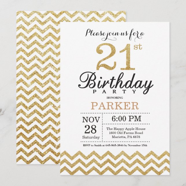 Invitation d'anniversaire 21 ans Paillettes dorées (Devant / Derrière)