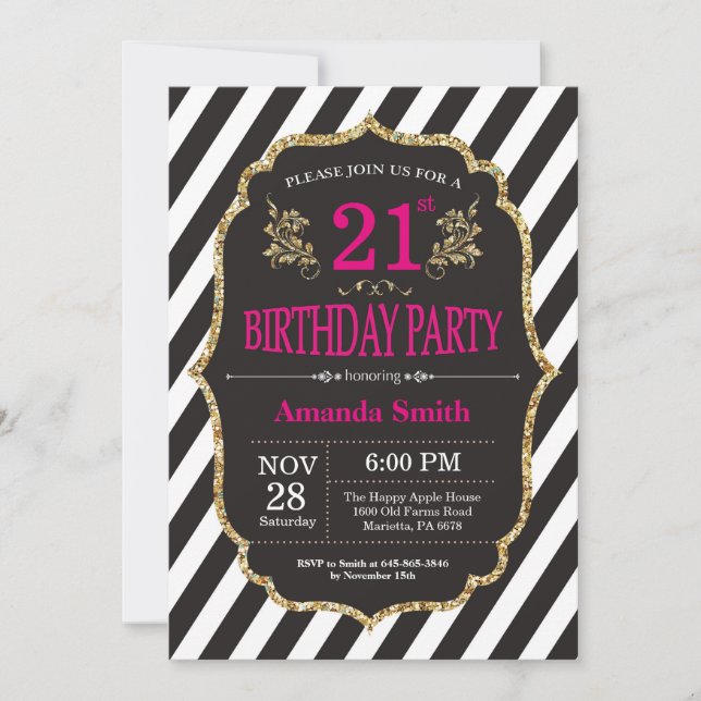 Invitation d'anniversaire 21 ans. Paillettes noire (Devant)