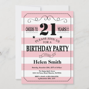 Invitation d'anniversaire 21 ans rayures roses et 