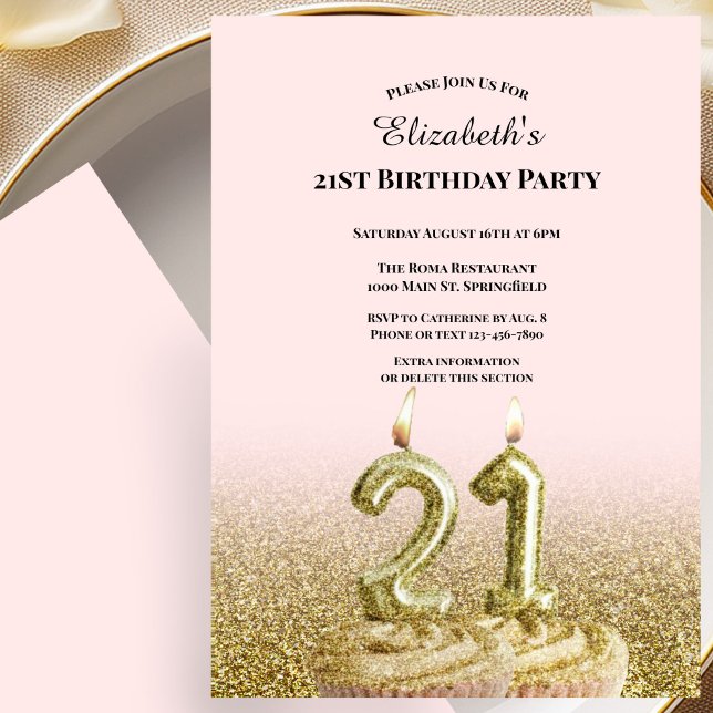 Invitation d'anniversaire 21 ans rose et or pour e (Créateur téléchargé)