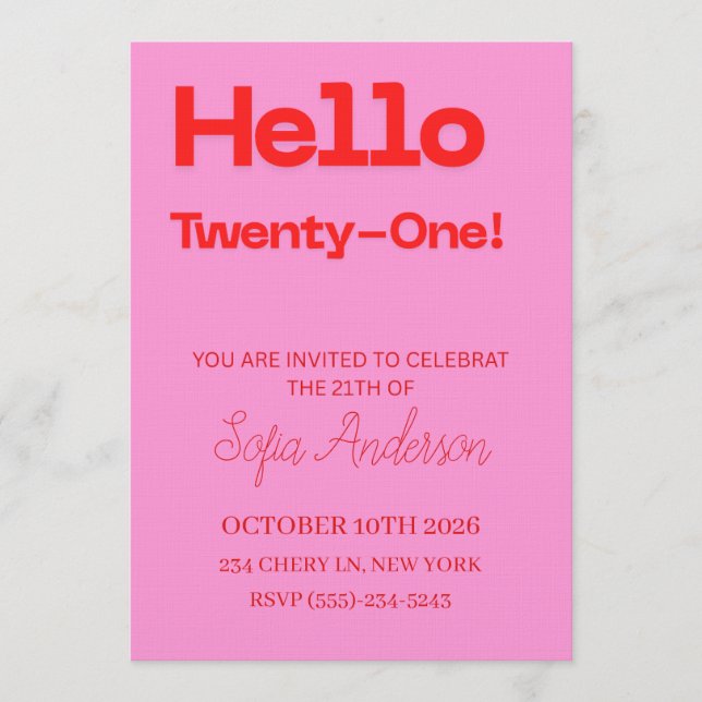Invitation d'anniversaire 21 ans Rose Gras Rouge (Devant)
