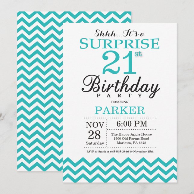 Invitation d'anniversaire 21 ans surprise Chevron  (Devant / Derrière)