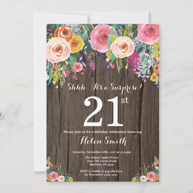 Invitation d'anniversaire 21 ans surprise florale  (Devant)