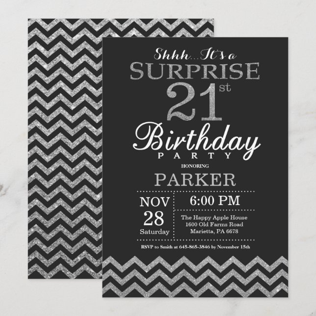Invitation d'anniversaire 21 ans surprise paillett (Devant / Derrière)