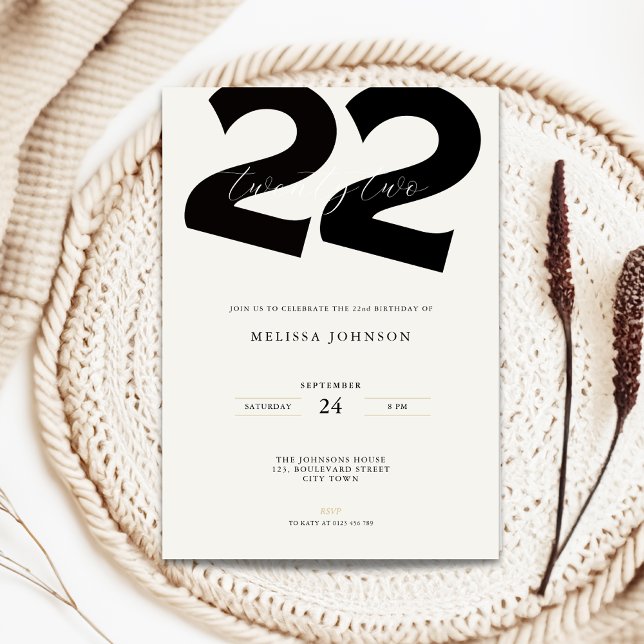 Invitation d'anniversaire 22 ans minimale - Typo g (Minimal 22nd birthday invitation with bold typography)